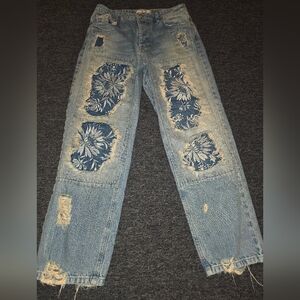 Free People Blue Floral Patch Boyfriend Jeans